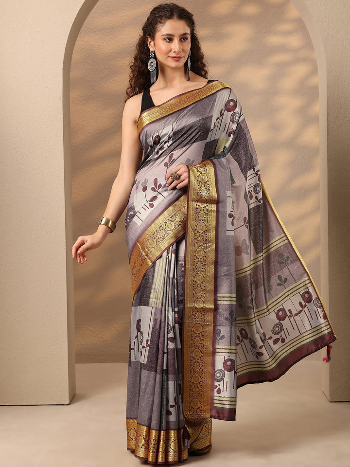 Purple Printed Silk Blend Saree With Unstitched Blouse Piece