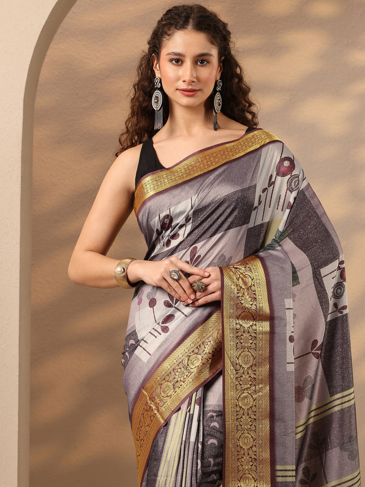 Purple Printed Silk Blend Saree With Unstitched Blouse Piece
