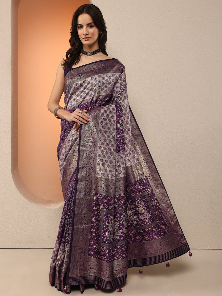 Purple Printed Silk Blend Saree With Unstitched Blouse Piece