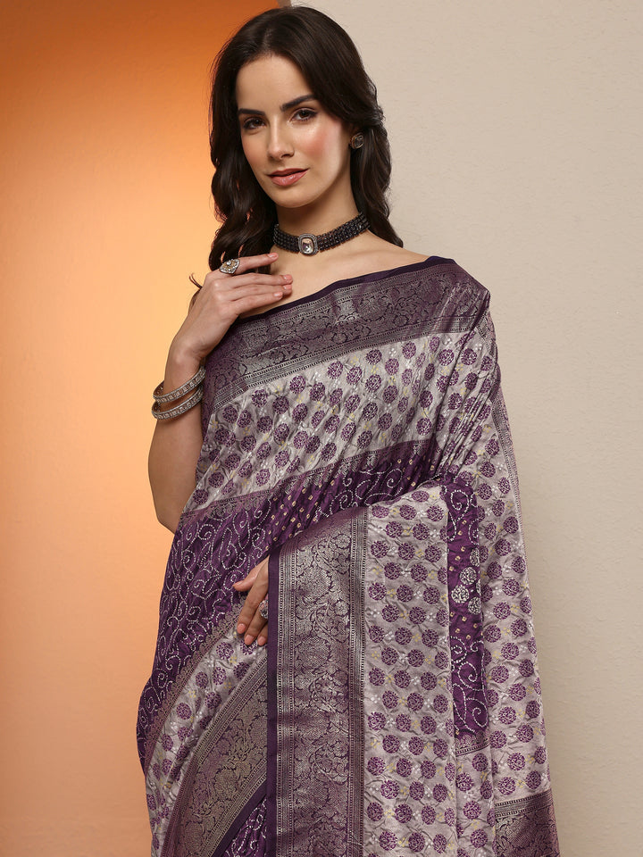 Purple Printed Silk Blend Saree With Unstitched Blouse Piece