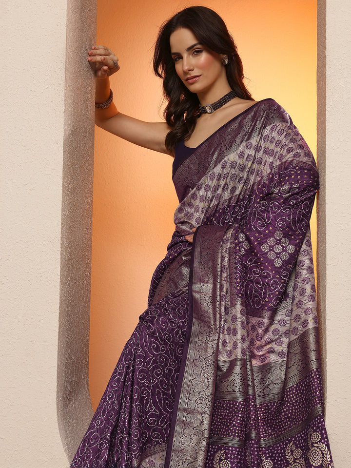 Purple Printed Silk Blend Saree With Unstitched Blouse Piece