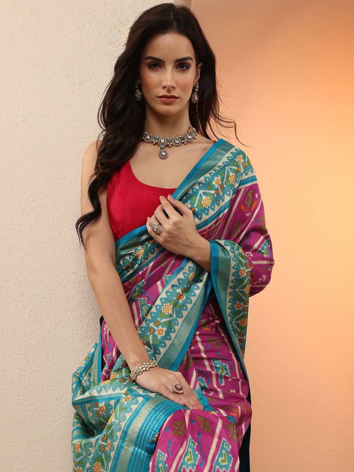 Pink Tribal Printed Silk Blend Saree With Unstitched Blouse Piece