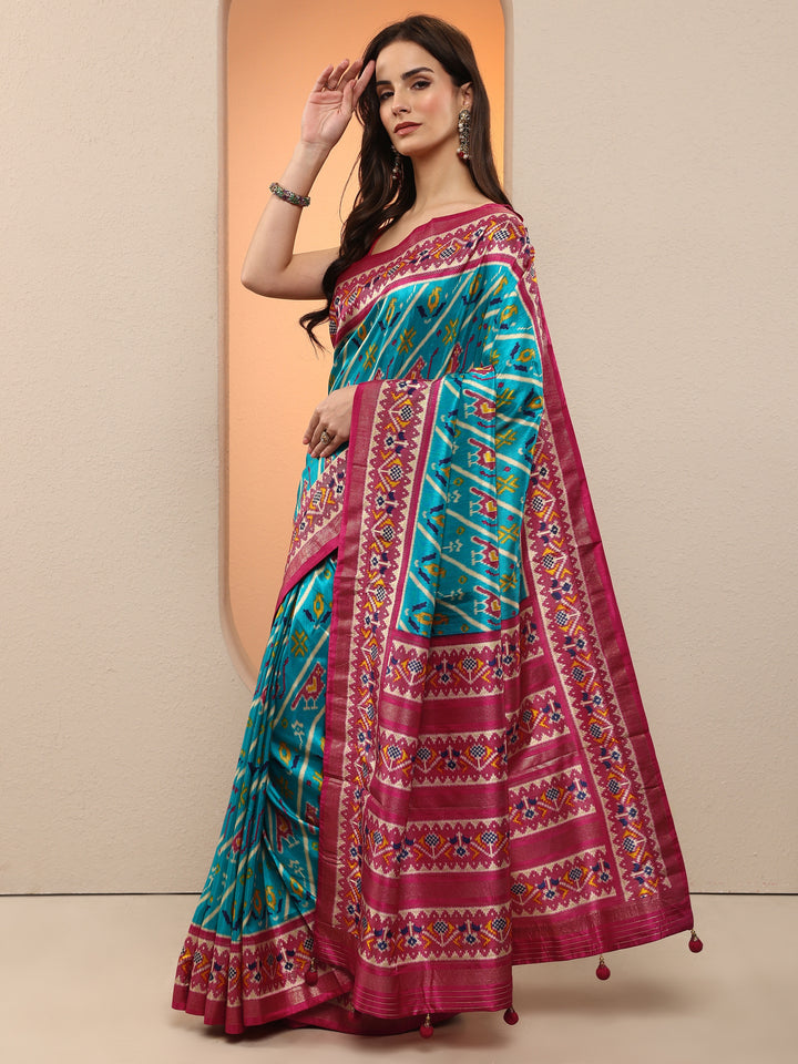 Blue Tribal Printed Silk Blend Saree With Unstitched Blouse Piece