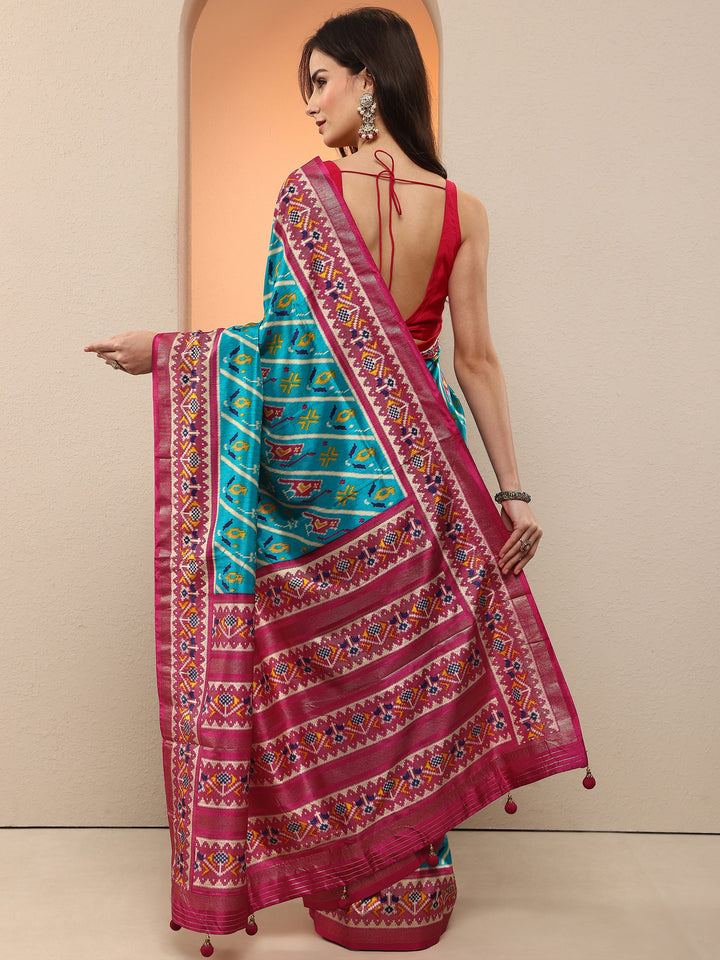 Blue Tribal Printed Silk Blend Saree With Unstitched Blouse Piece