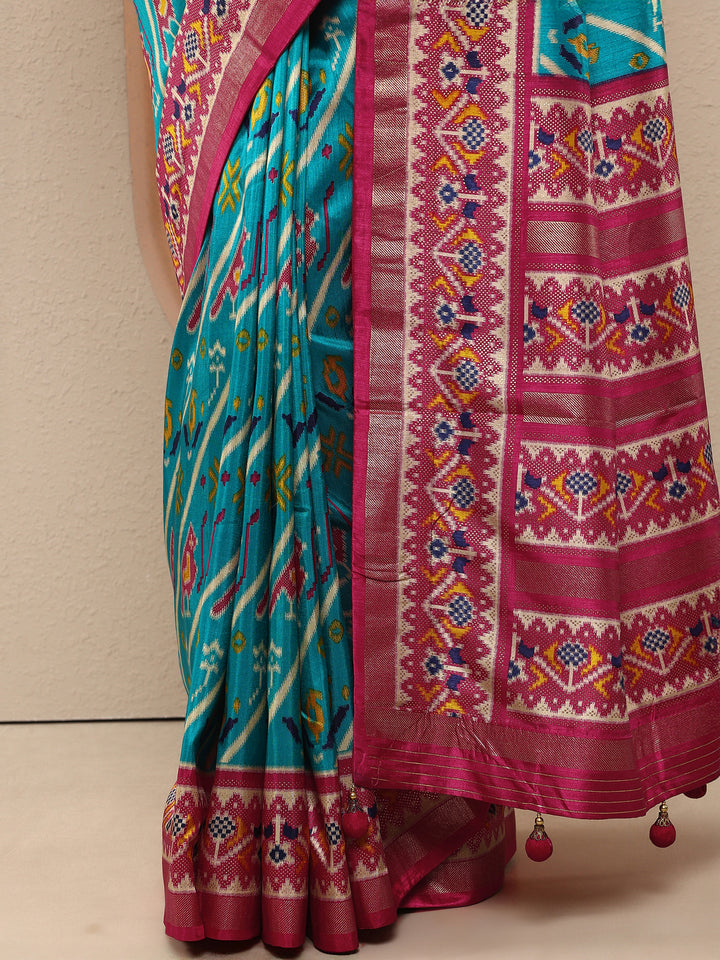 Blue Tribal Printed Silk Blend Saree With Unstitched Blouse Piece
