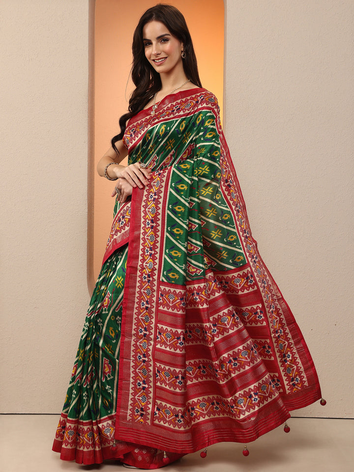 Green Tribal Printed Silk Blend Saree With Unstitched Blouse Piece