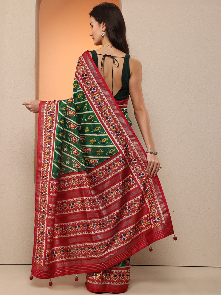 Green Tribal Printed Silk Blend Saree With Unstitched Blouse Piece