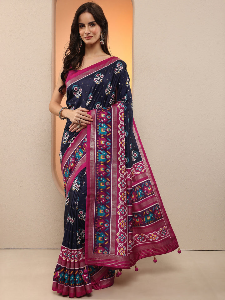 Navy Blue Printed Silk Blend Saree With Unstitched Blouse Piece