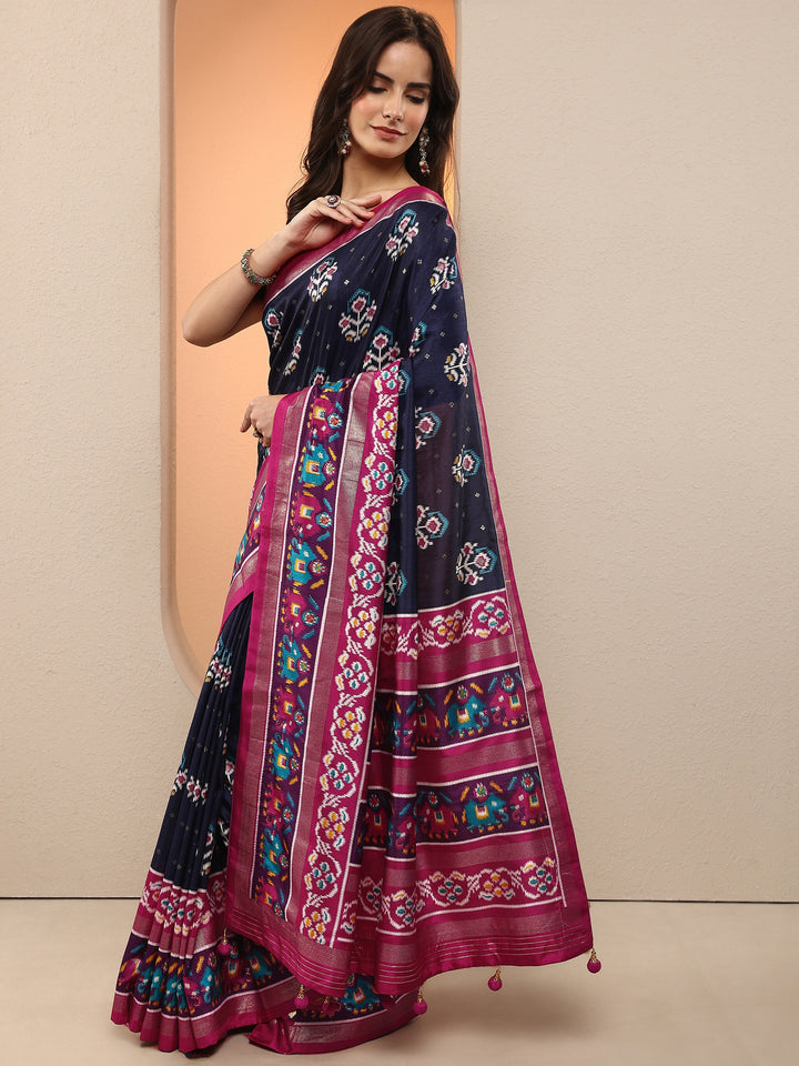 Navy Blue Printed Silk Blend Saree With Unstitched Blouse Piece
