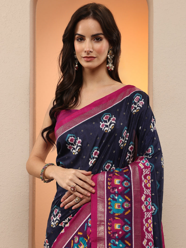 Navy Blue Printed Silk Blend Saree With Unstitched Blouse Piece
