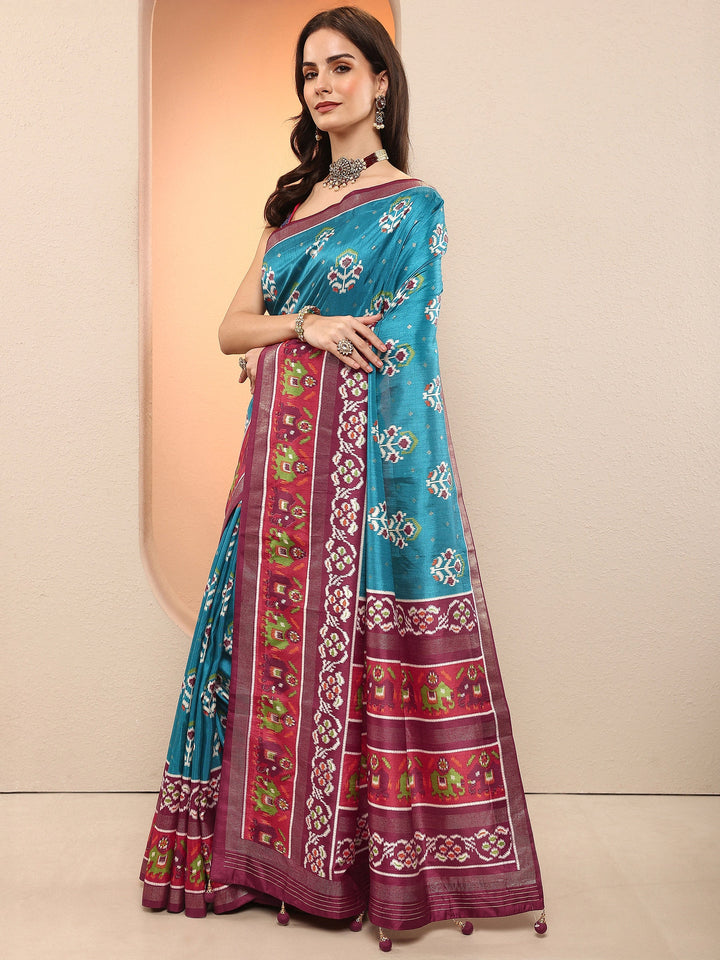 Blue Printed Silk Blend Sarees With Unstitched Blouse Piece