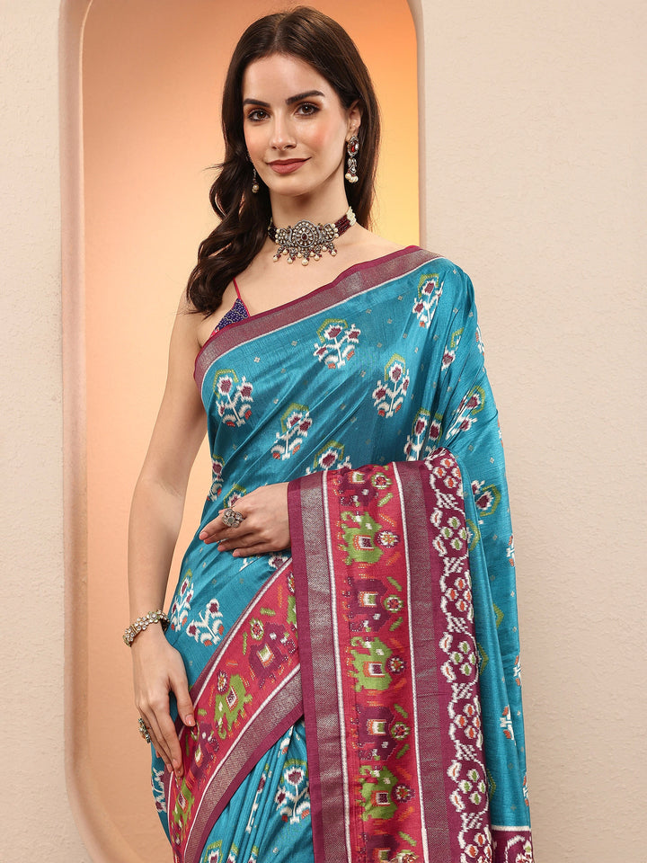 Blue Printed Silk Blend Sarees With Unstitched Blouse Piece