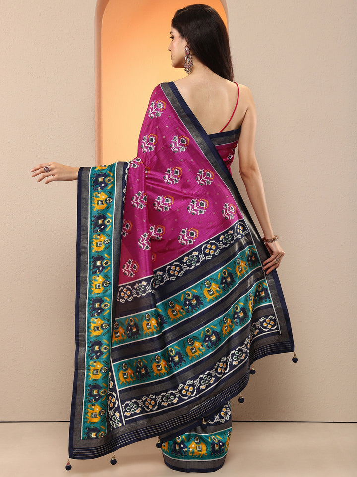 Pink Printed Silk Blend Saree With Unstitched Blouse Piece