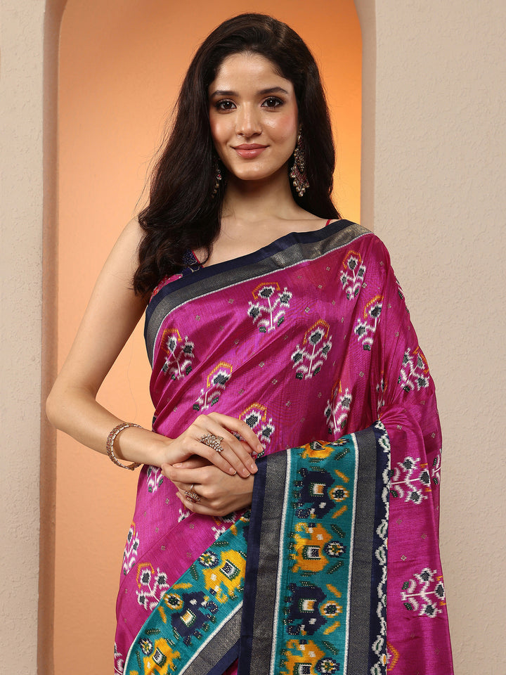Pink Printed Silk Blend Saree With Unstitched Blouse Piece