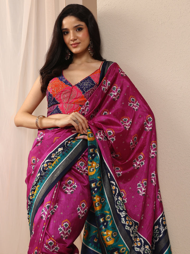 Pink Printed Silk Blend Saree With Unstitched Blouse Piece