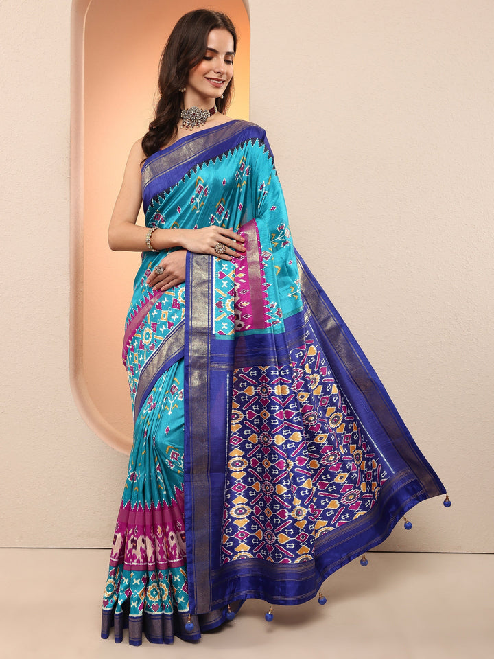 Blue Printed Silk Blend Sarees With Unstitched Blouse Piece