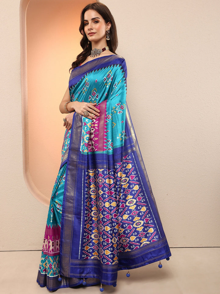 Blue Printed Silk Blend Sarees With Unstitched Blouse Piece