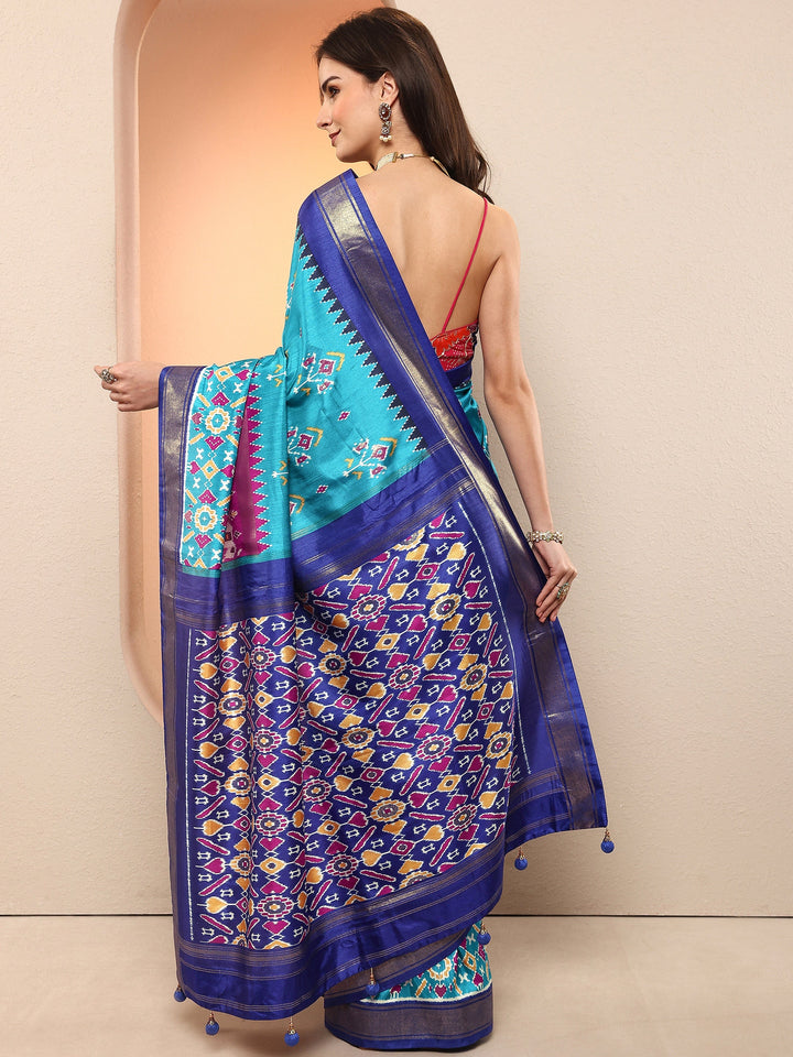 Blue Printed Silk Blend Sarees With Unstitched Blouse Piece