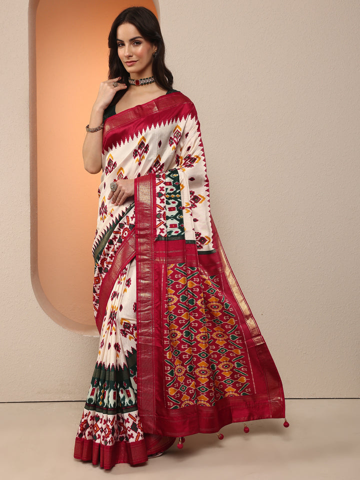 Off White Printed Silk Blend Saree With Unstitched Blouse Piece