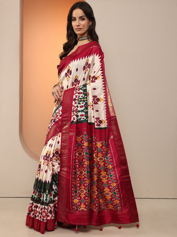 Off White Printed Silk Blend Saree With Unstitched Blouse Piece