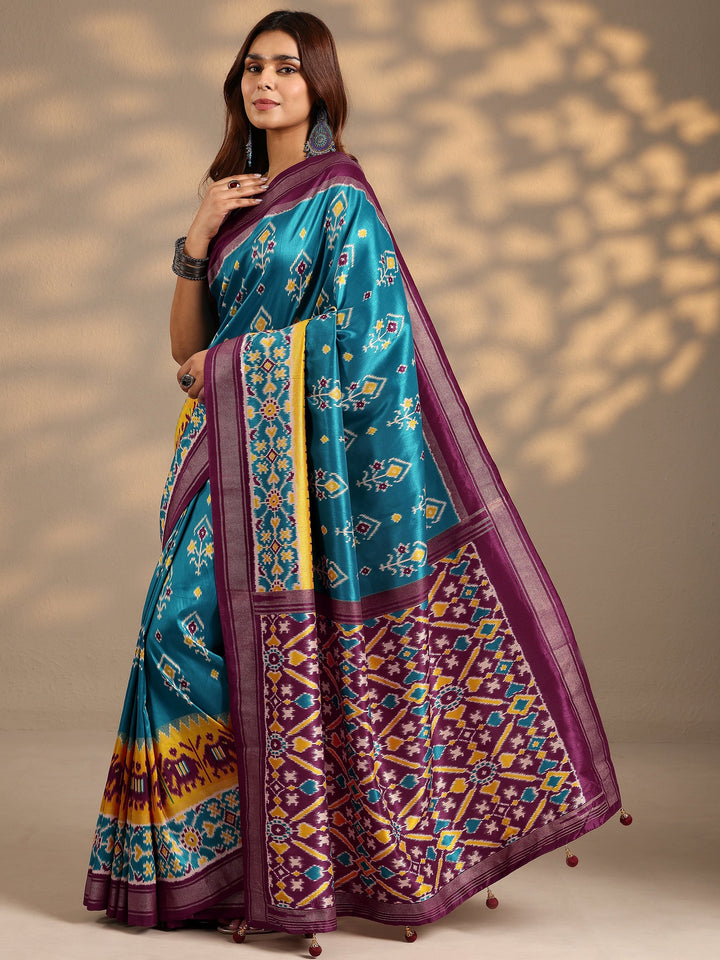 Blue Printed Silk Blend Saree With Unstitched Blouse Piece