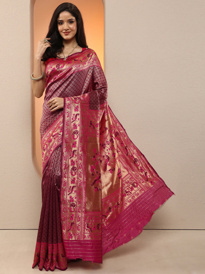 Purple Woven Design Silk Blend Sarees With Unstitched Blouse Piece