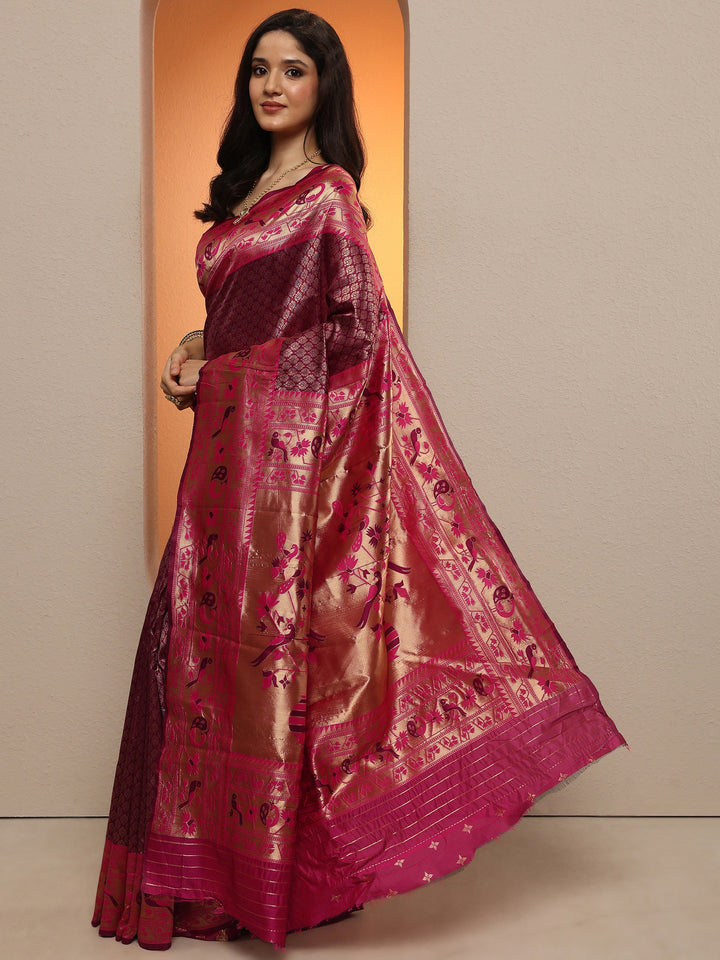 Purple Woven Design Silk Blend Sarees With Unstitched Blouse Piece
