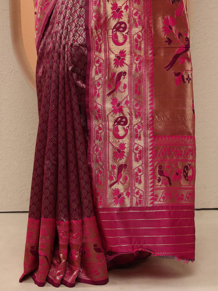 Purple Woven Design Silk Blend Sarees With Unstitched Blouse Piece