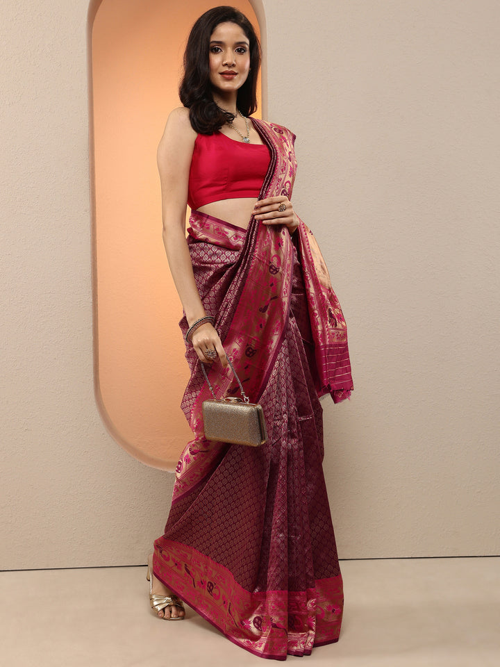 Purple Woven Design Silk Blend Sarees With Unstitched Blouse Piece