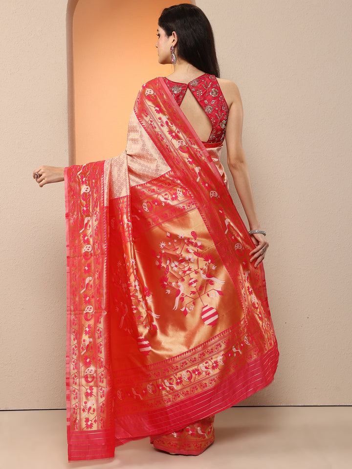 Peach Woven Design Silk Blend Saree With Unstitched Blouse Piece