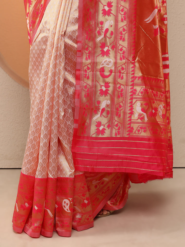 Peach Woven Design Silk Blend Saree With Unstitched Blouse Piece