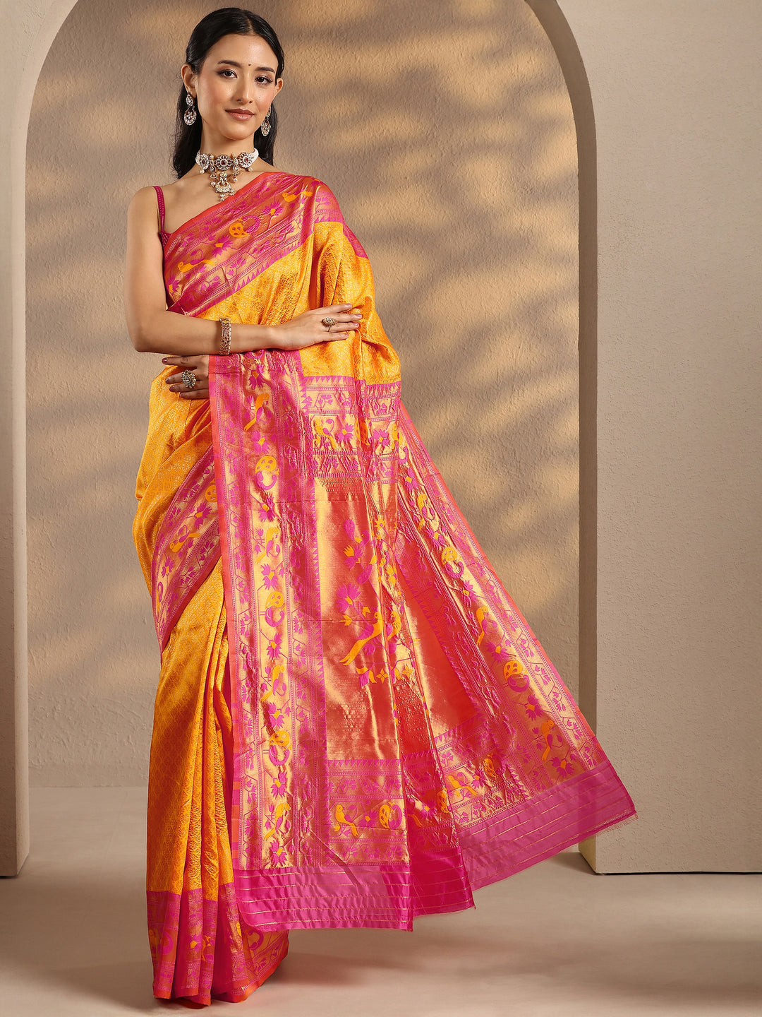 Yellow Woven Design Silk Blend Banarasi Saree With Unstitched Blouse Piece