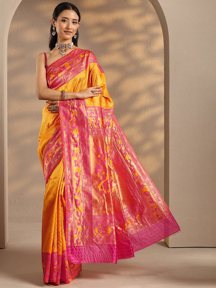 Yellow Woven Design Silk Blend Banarasi Saree With Unstitched Blouse Piece