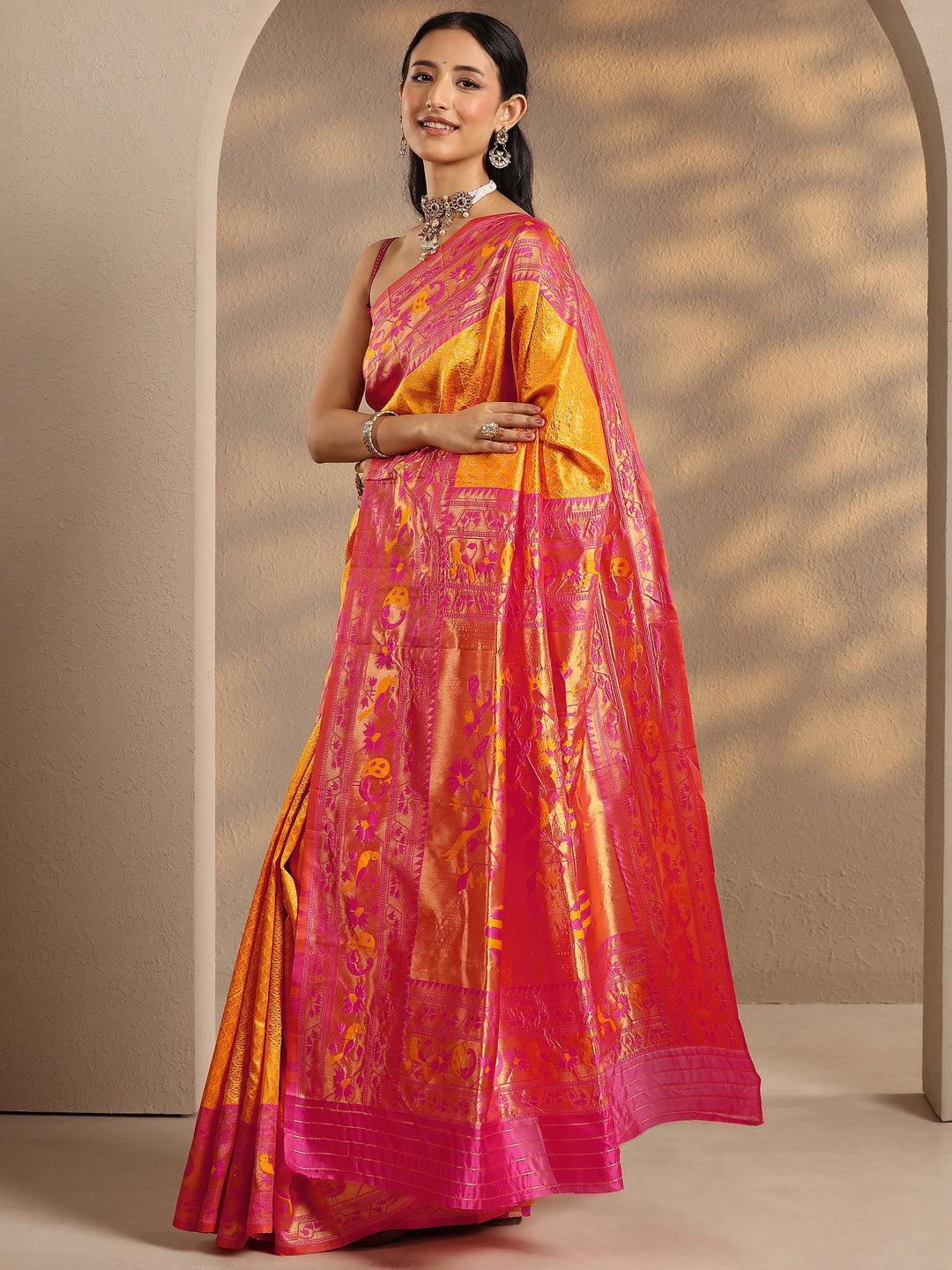 Yellow Woven Design Silk Blend Banarasi Saree With Unstitched Blouse Piece