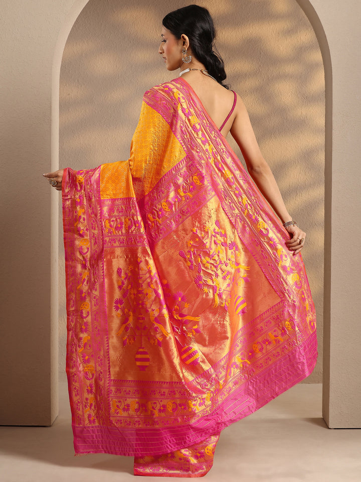 Yellow Woven Design Silk Blend Banarasi Saree With Unstitched Blouse Piece
