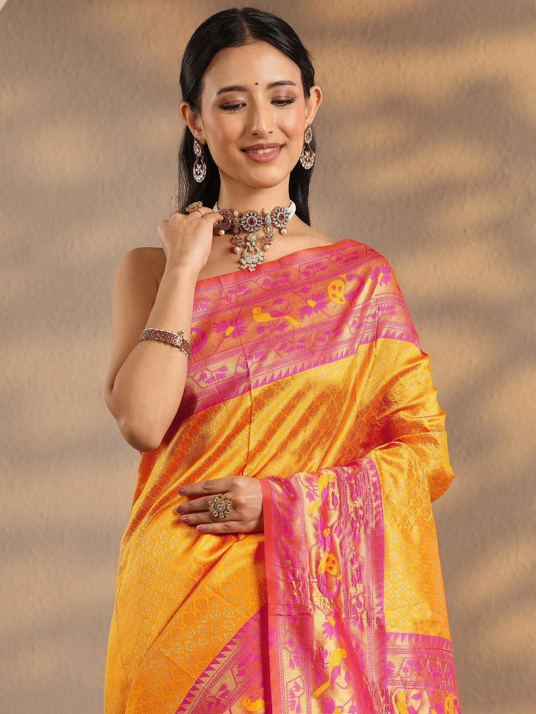 Yellow Woven Design Silk Blend Banarasi Saree With Unstitched Blouse Piece