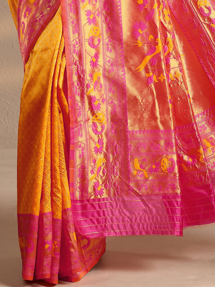 Yellow Woven Design Silk Blend Banarasi Saree With Unstitched Blouse Piece