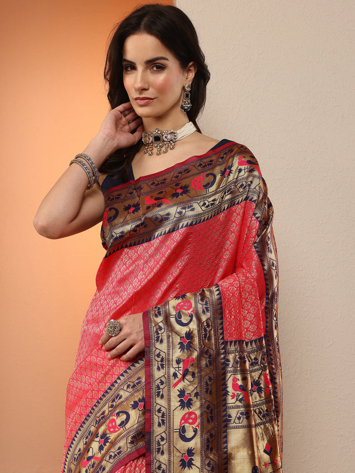 Red Woven Design Silk Blend Saree With Unstitched Blouse Piece