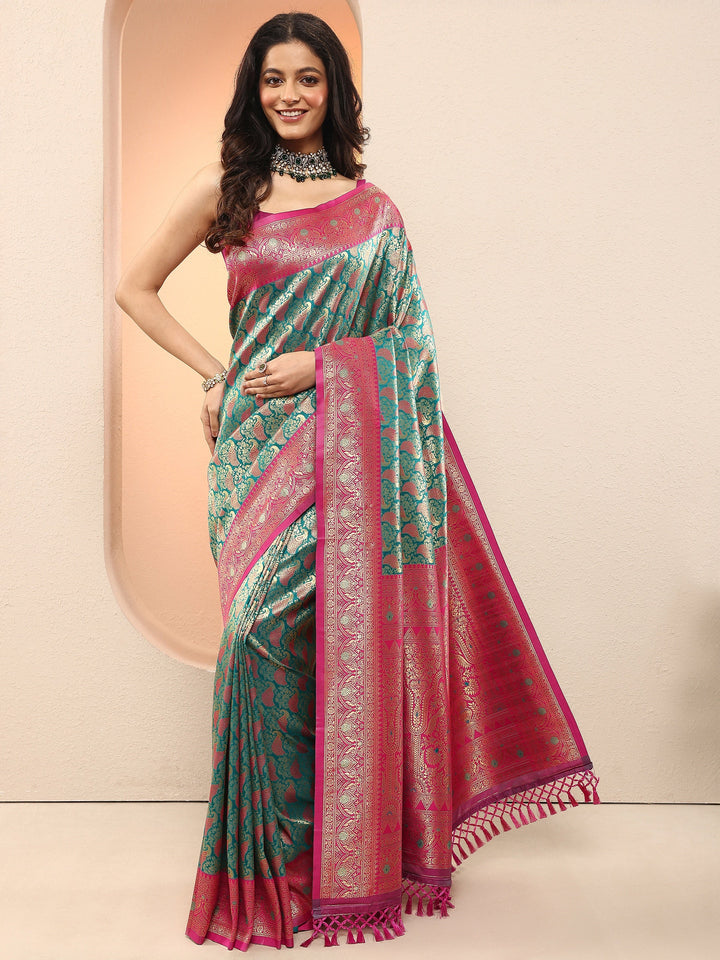 Green Woven Design Silk Blend Sarees With Unstitched Blouse Piece