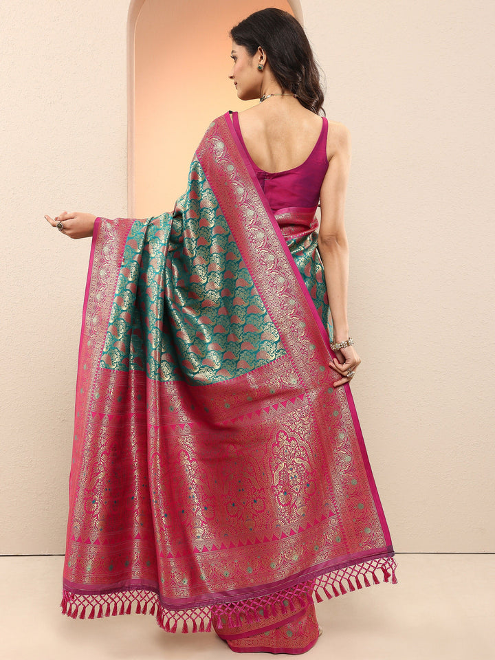 Green Woven Design Silk Blend Sarees With Unstitched Blouse Piece