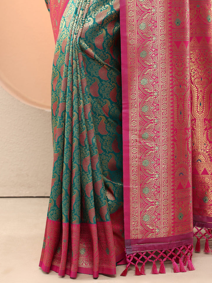 Green Woven Design Silk Blend Sarees With Unstitched Blouse Piece