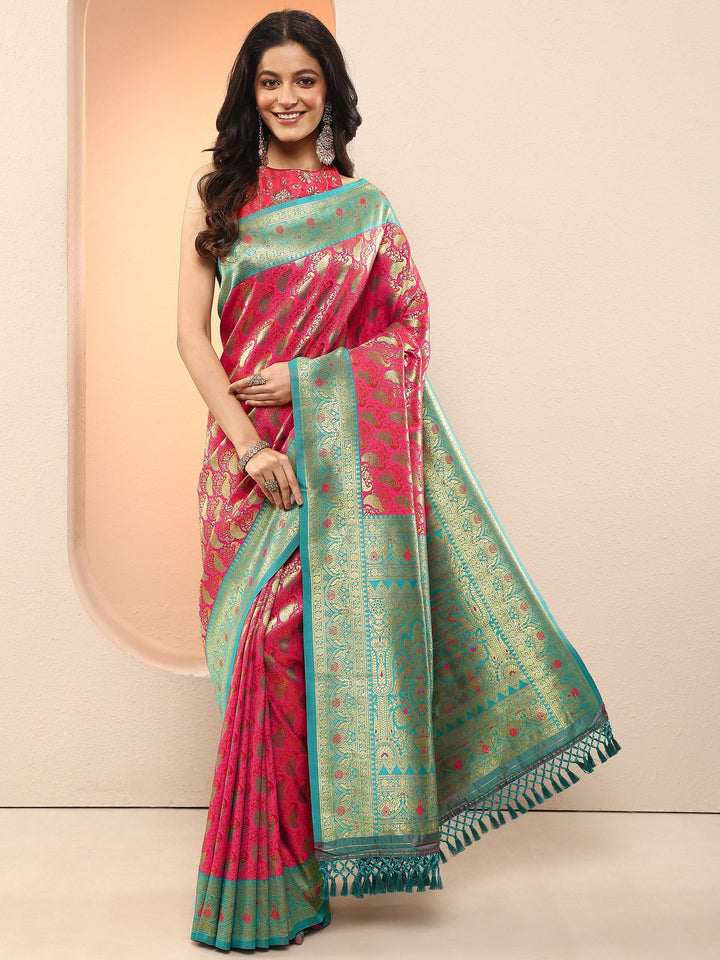 Pink Woven Design Silk Blend Sarees With Unstitched Blouse Piece