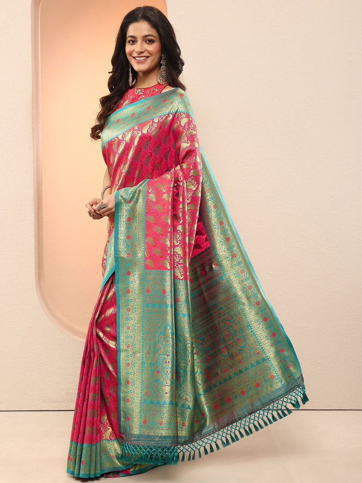 Pink Woven Design Silk Blend Sarees With Unstitched Blouse Piece