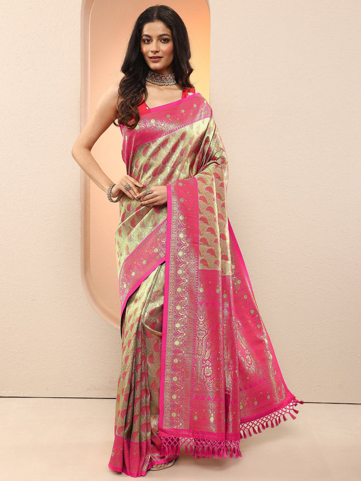 Gold Woven Design Silk Blend Sarees With Unstitched Blouse Piece