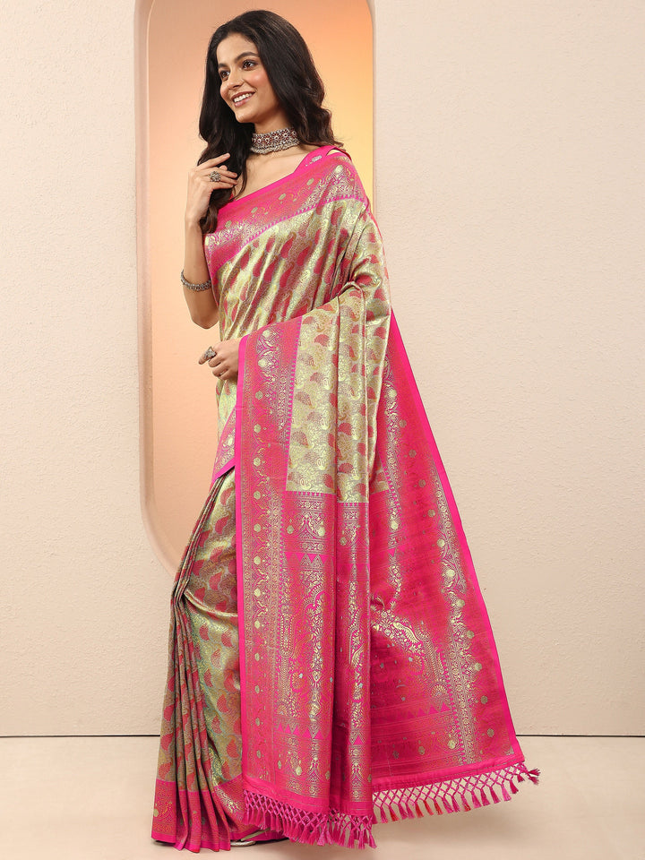 Gold Woven Design Silk Blend Sarees With Unstitched Blouse Piece
