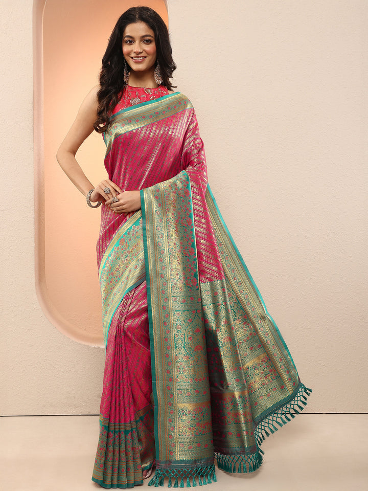 Pink Woven Design Silk Blend Sarees With Unstitched Blouse Piece