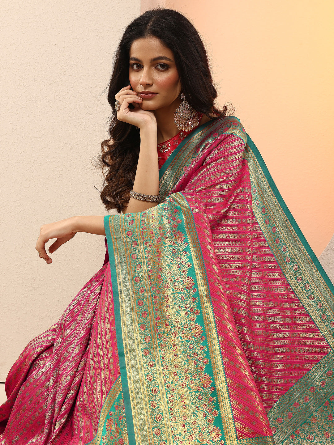 Pink Woven Design Silk Blend Sarees With Unstitched Blouse Piece