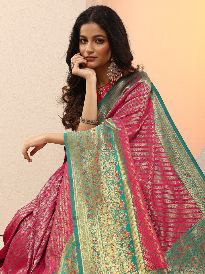 Pink Woven Design Silk Blend Sarees With Unstitched Blouse Piece
