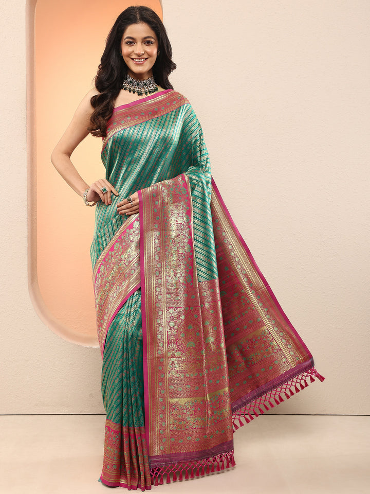Green Woven Design Silk Blend Sarees With Unstitched Blouse Piece