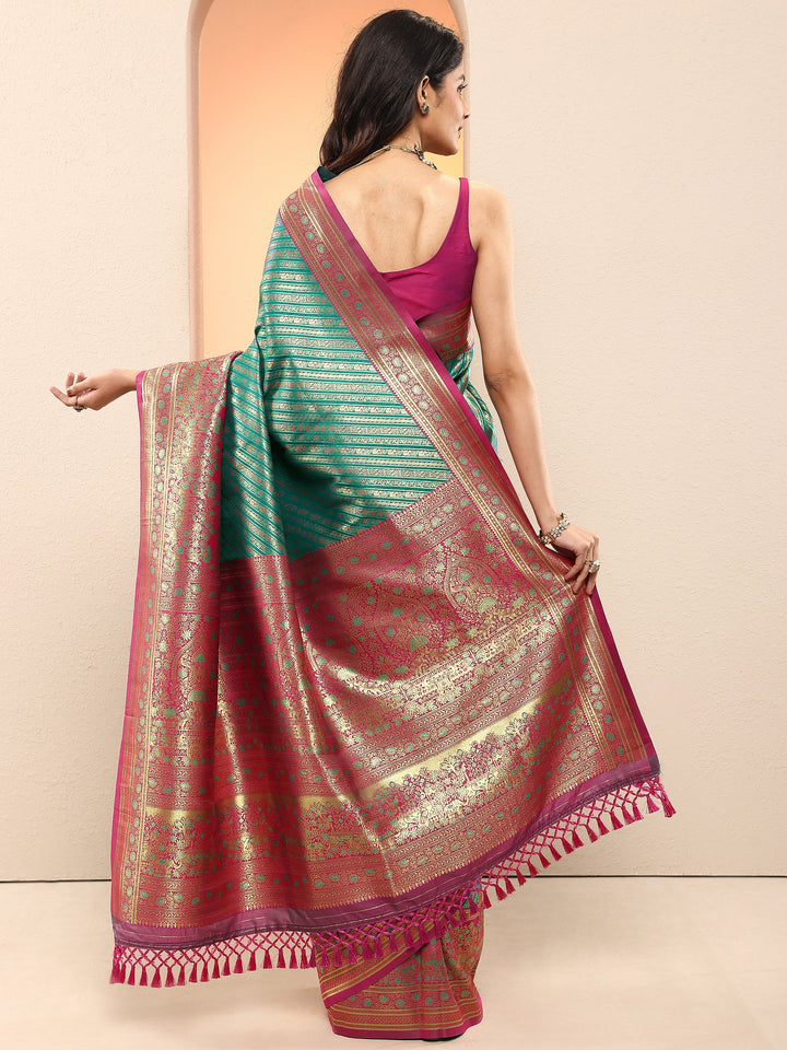 Green Woven Design Silk Blend Sarees With Unstitched Blouse Piece